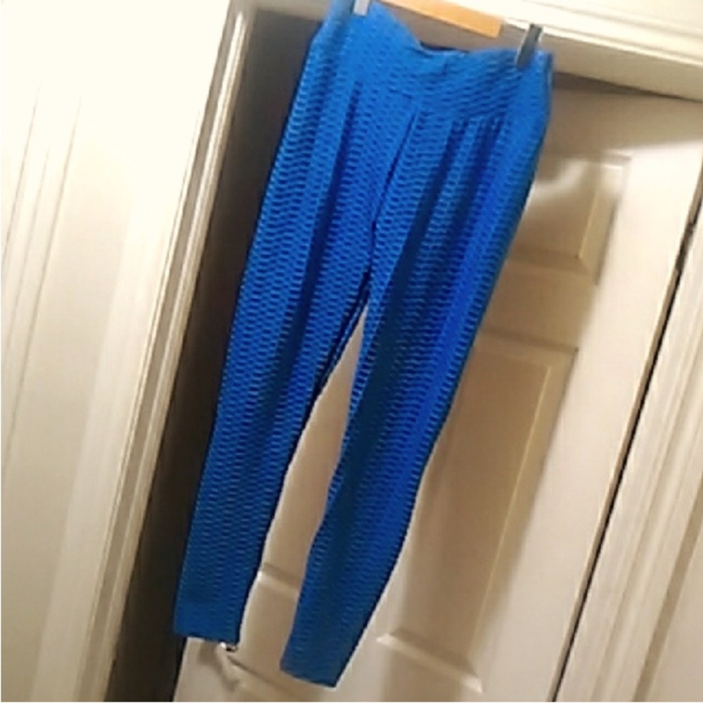 Blue Textured Stretchy High Rise Leggings Pants (Size XXL Jr…like Adult Small)